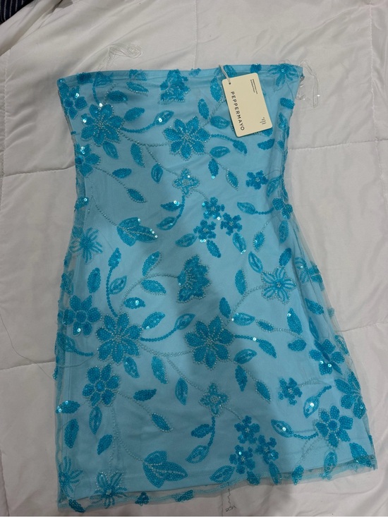 Peppermayo Dresses & Skirts - Peppermayo Aqua Sequin Floral Strapless Mini Dress